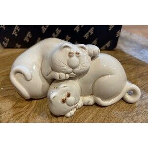Whimsical Fitz & Floyd Stacking Snuggling Cat Nap Ceramic Salt & Pepper Shakers